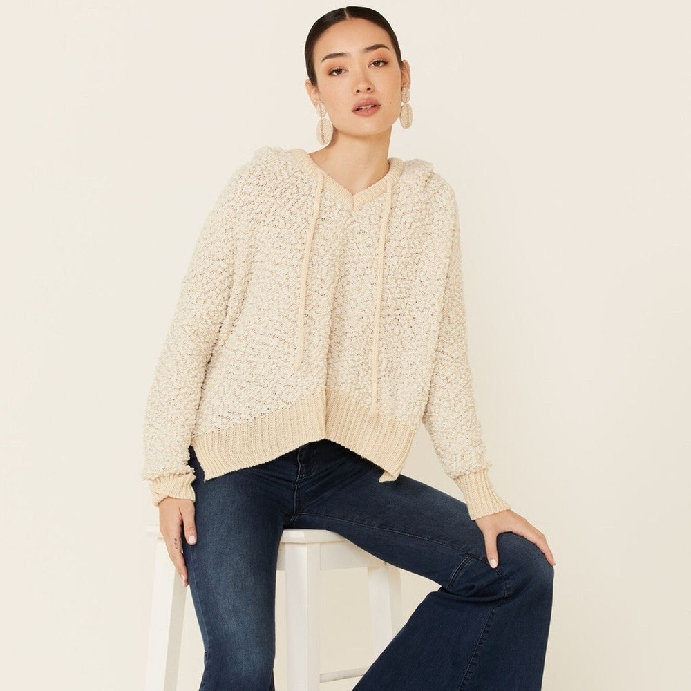 POL‎ Beige Popcorn Chenille Chunky Knit Hooded Sweater L Cozy Boho Lagenlook